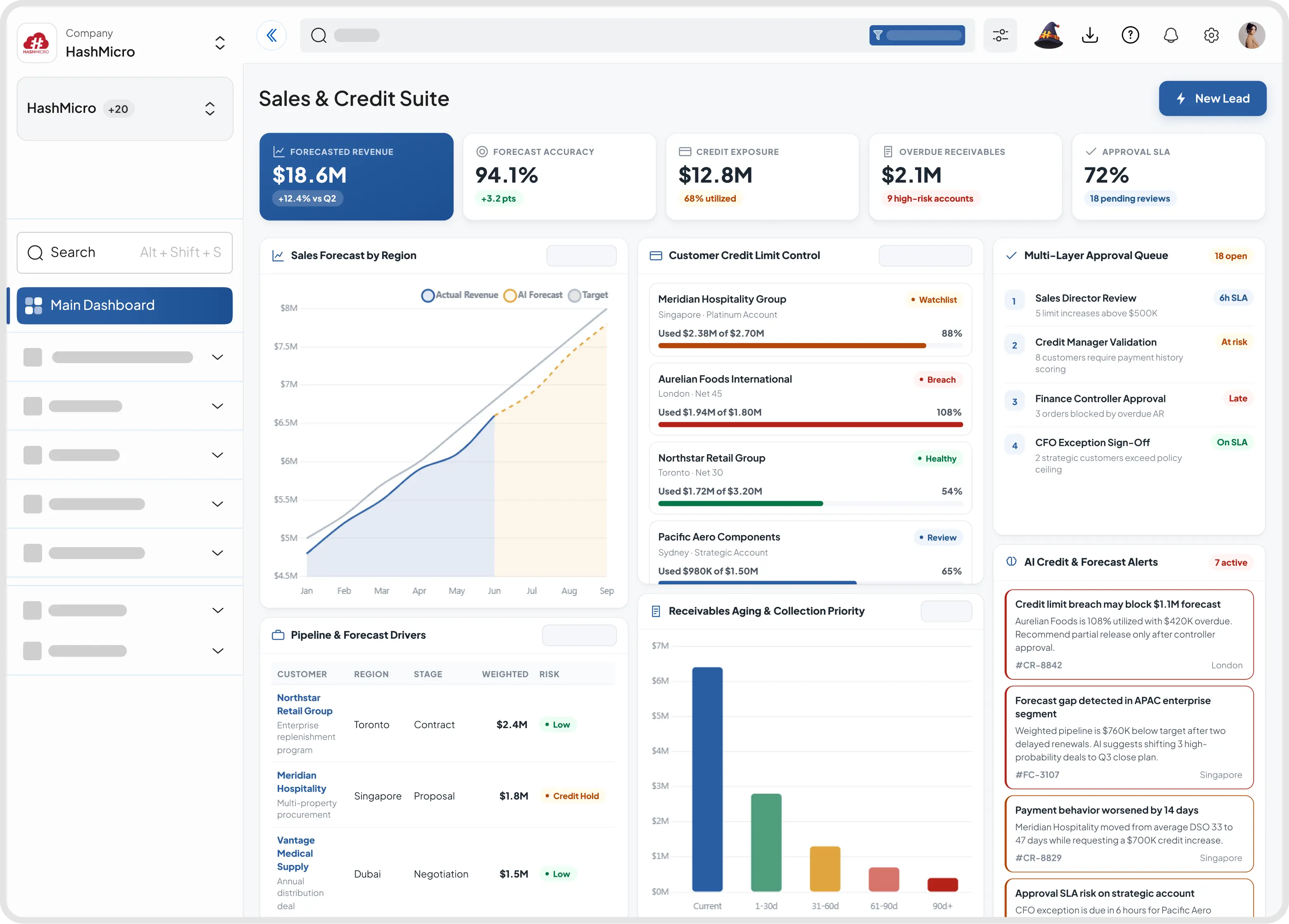 Dashboard manajemen sales dan kredit pelanggan HashMicro